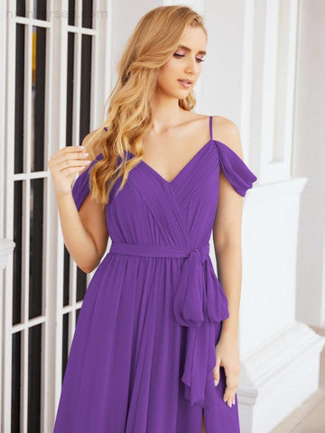 Numbersea Off The Shoulder Chiffon Bridesmaid Dress Long Formal Graduation Gown with Cowl Back 28069