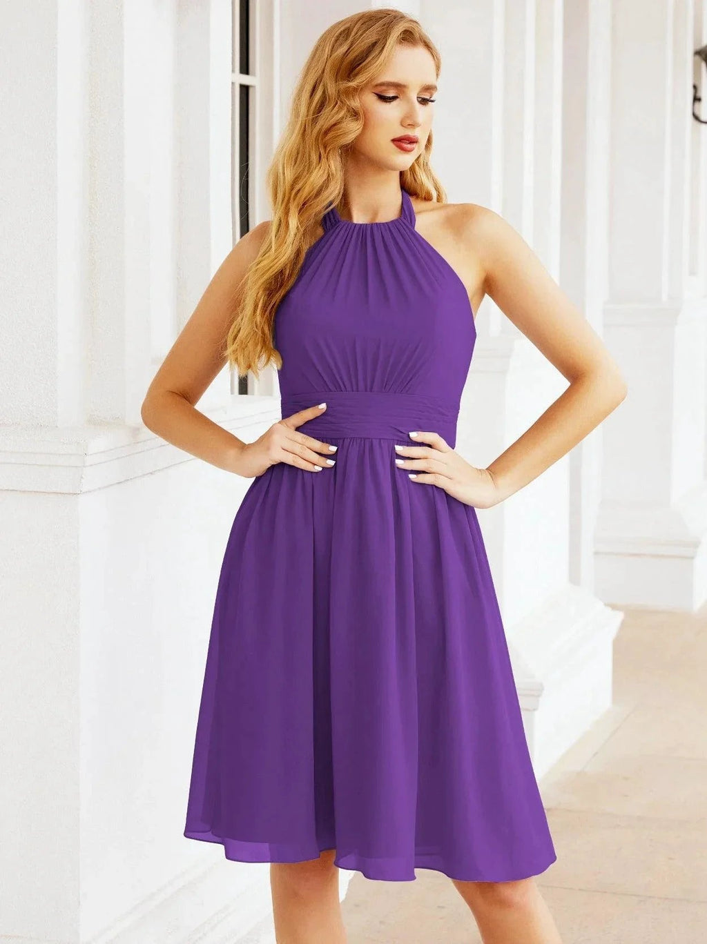 Numbersea Halter Chiffon Bridesmaid Dresses Short Sleeveless Formal Party Dress Open Back 28023 by numbersea
