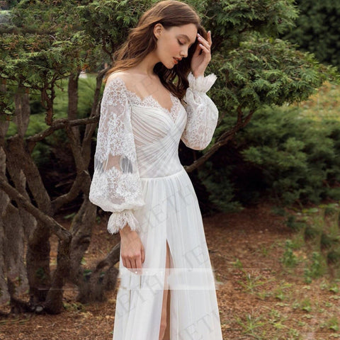 Wedding Dresses Boho Beach Lace Long Sleeves Split Vestidos De Novia Elegant Bohemian Bridal Gown Chiffon Illusion O Neck