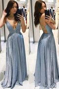 Sexy Long A-line V-neck Spaghetti Straps Sleeveless Backless Prom Dresses by BIZTUNNEL