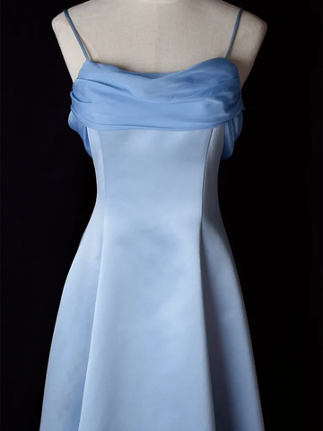 Elegante vestido de noche de satén azul con tirantes finos, corte A, largo, para fiesta y graduación, Y7557