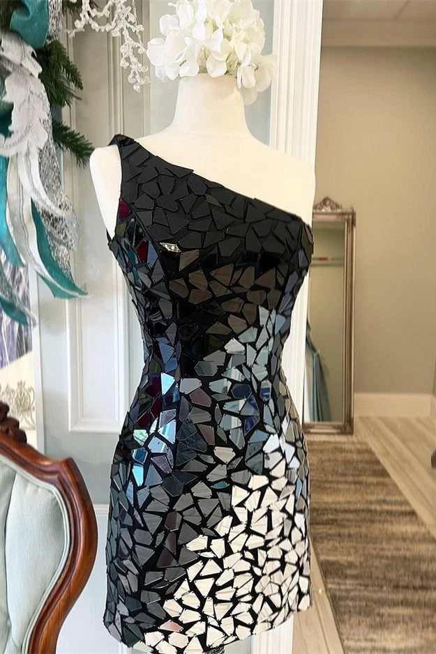 Black Gradient Cut Glass Mirror One-Shoulder Short Dress by KissProm