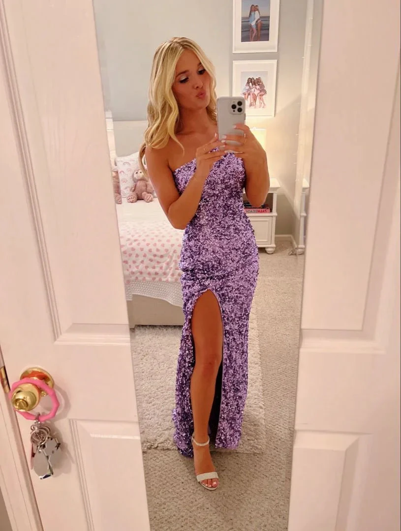 Purple Sequins Mermaid Evening Dress with Split Y2915 by simplepromdress