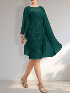Sheath Scoop Illusion Knee-Length Lace Chiffon Mother of the Bride Dress With Cascading Ruffles Sequins