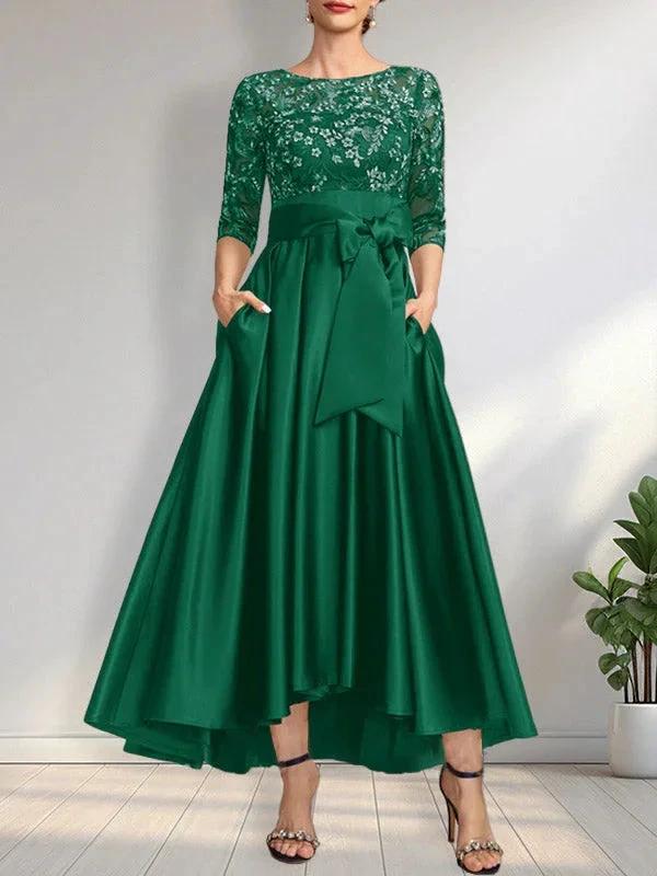 A-line Scoop Illusion Asymmetrical Satin Lace Mother of the Bride Dress With Bow by Dreamylily