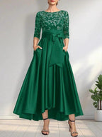 A-line Scoop Illusion Asymmetrical Satin Lace Mother of the Bride Dress With Bow by Dreamylily