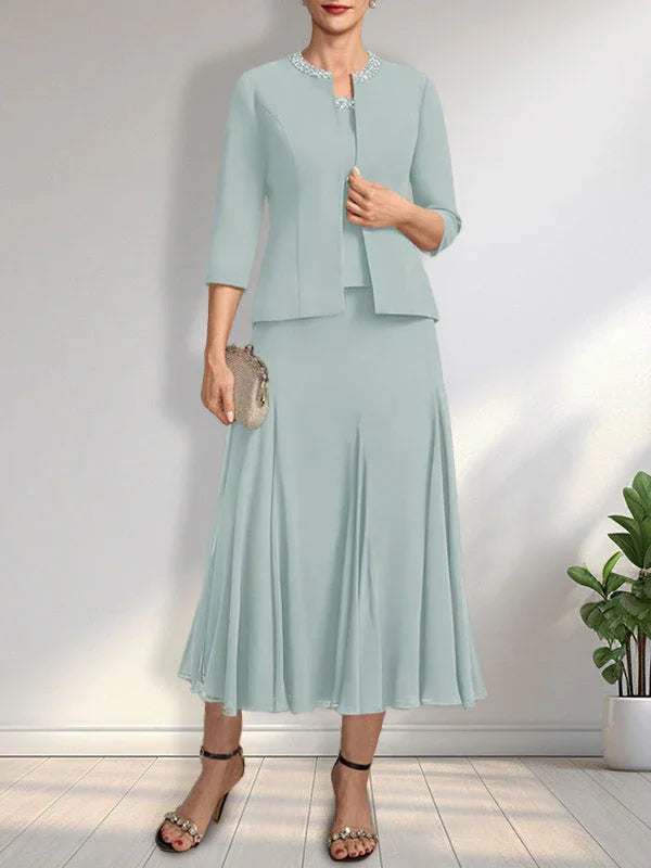 Separates A-line Scoop Tea-Length Chiffon Mother of the Bride Dress With Sequins Beading by Dreamylily