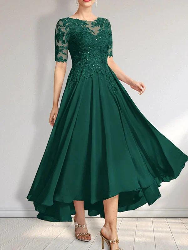 A-line Scoop Illusion Asymmetrical Chiffon Lace Mother of the Bride Dress With Sequins by Dreamylily