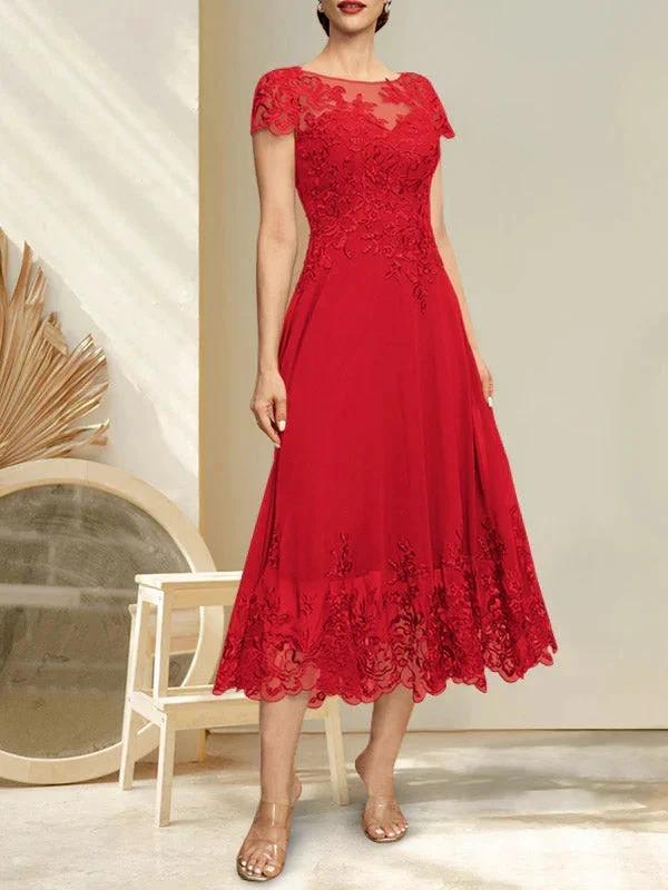 A-line Illusion Scoop Tea-Length Lace Chiffon Mother of the Bride Dress With Sequins by Dreamylily