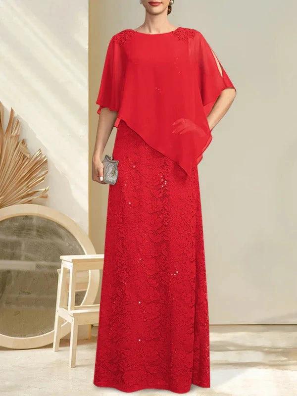 Sheath/Column Scoop Floor-Length Chiffon Lace Mother of the Bride Dress With Sequins Beading by Dreamylily