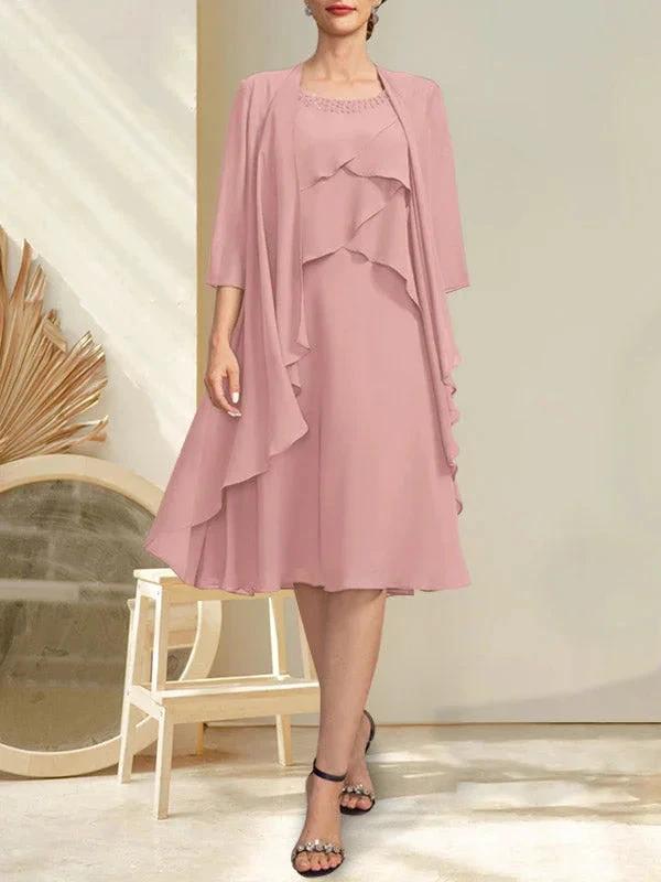 A-line Scoop Knee-Length Chiffon Mother of the Bride Dress With Beading by Dreamylily