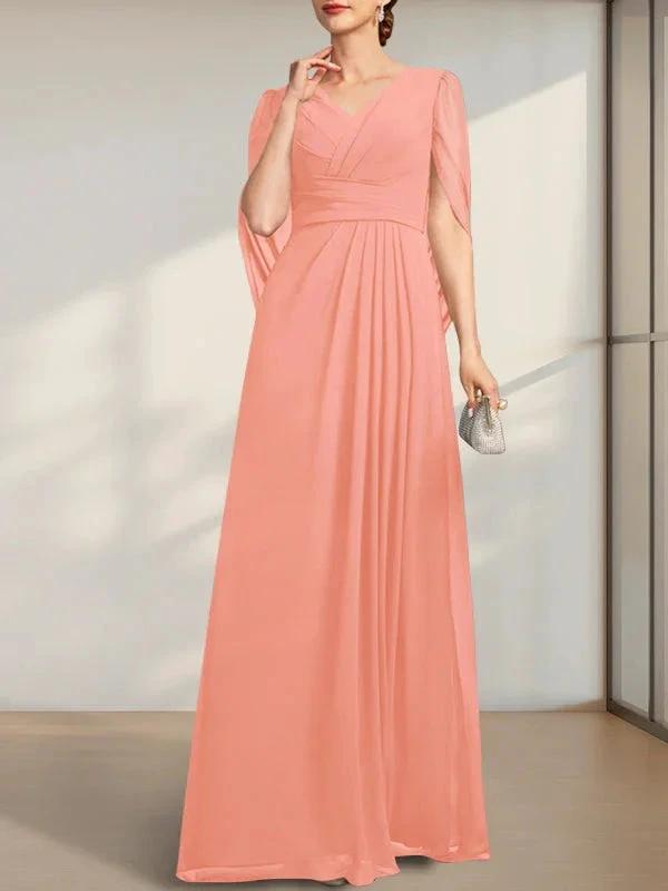 A-line V-Neck Floor-Length Chiffon Mother of the Bride Dress With Pleated by Dreamylily