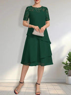 A-line Scoop Illusion Knee-Length Lace Chiffon Mother of the Bride Dress With Sequins by Dreamylily