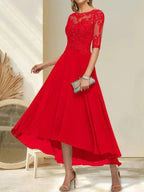 A-line Boat Neck Illusion Asymmetrical Chiffon Lace Mother of the Bride Dress With Sequins Beading by Dreamylily