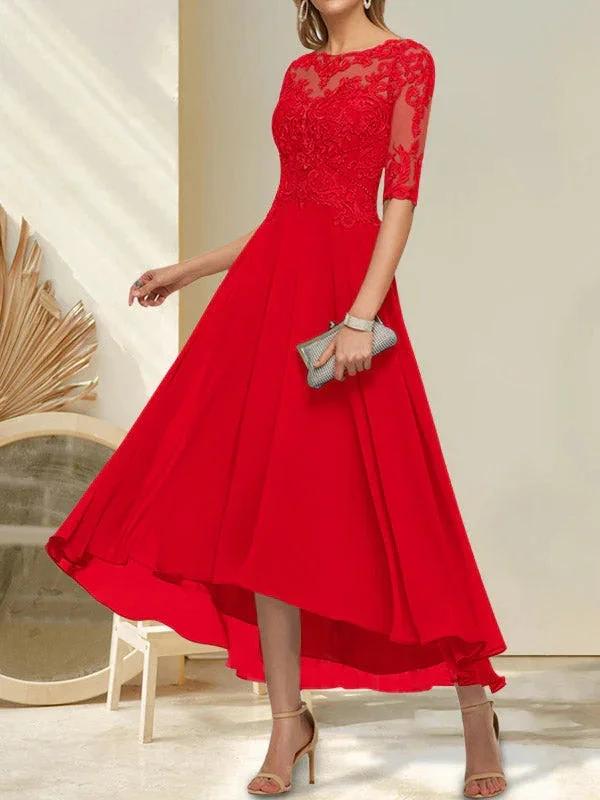 A-line Boat Neck Illusion Asymmetrical Chiffon Lace Mother of the Bride Dress With Sequins Beading by Dreamylily