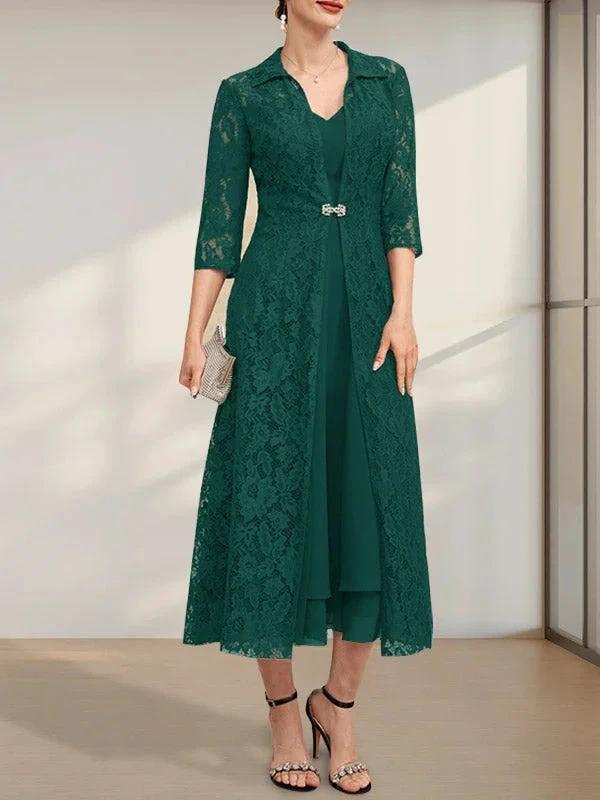 A-line V-Neck Tea-Length Chiffon Mother of the Bride Dress by Dreamylily