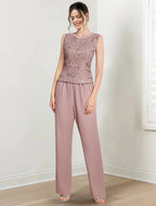 Chiffon Jewel Neck Mother of the Bride Pantsuits with Jacket by Dreamylily