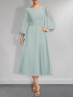 A-line Scoop Tea-Length Chiffon Mother of the Bride Dress With Crystal Brooch Pleated by Dreamylily