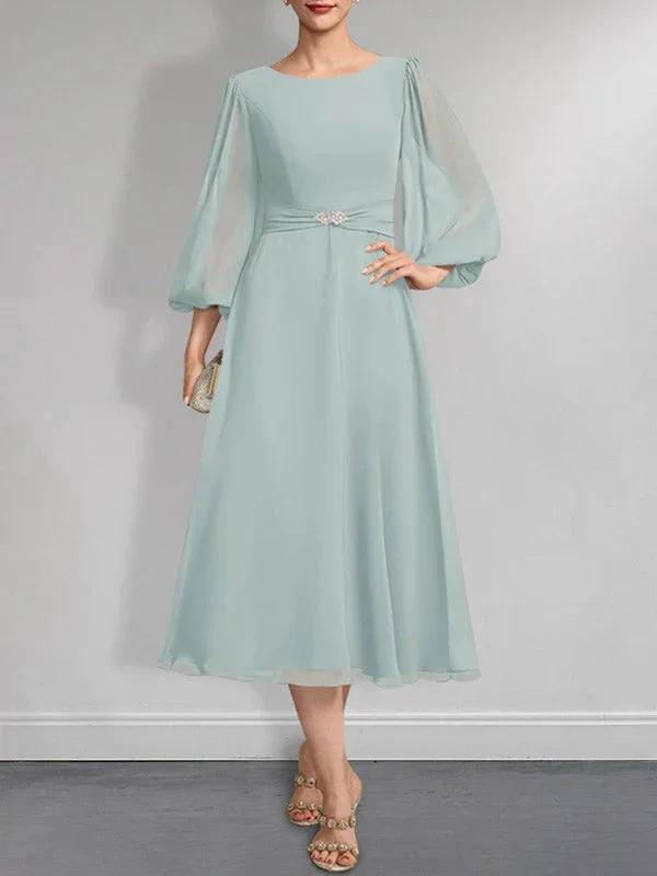 A-line Scoop Tea-Length Chiffon Mother of the Bride Dress With Crystal Brooch Pleated by Dreamylily