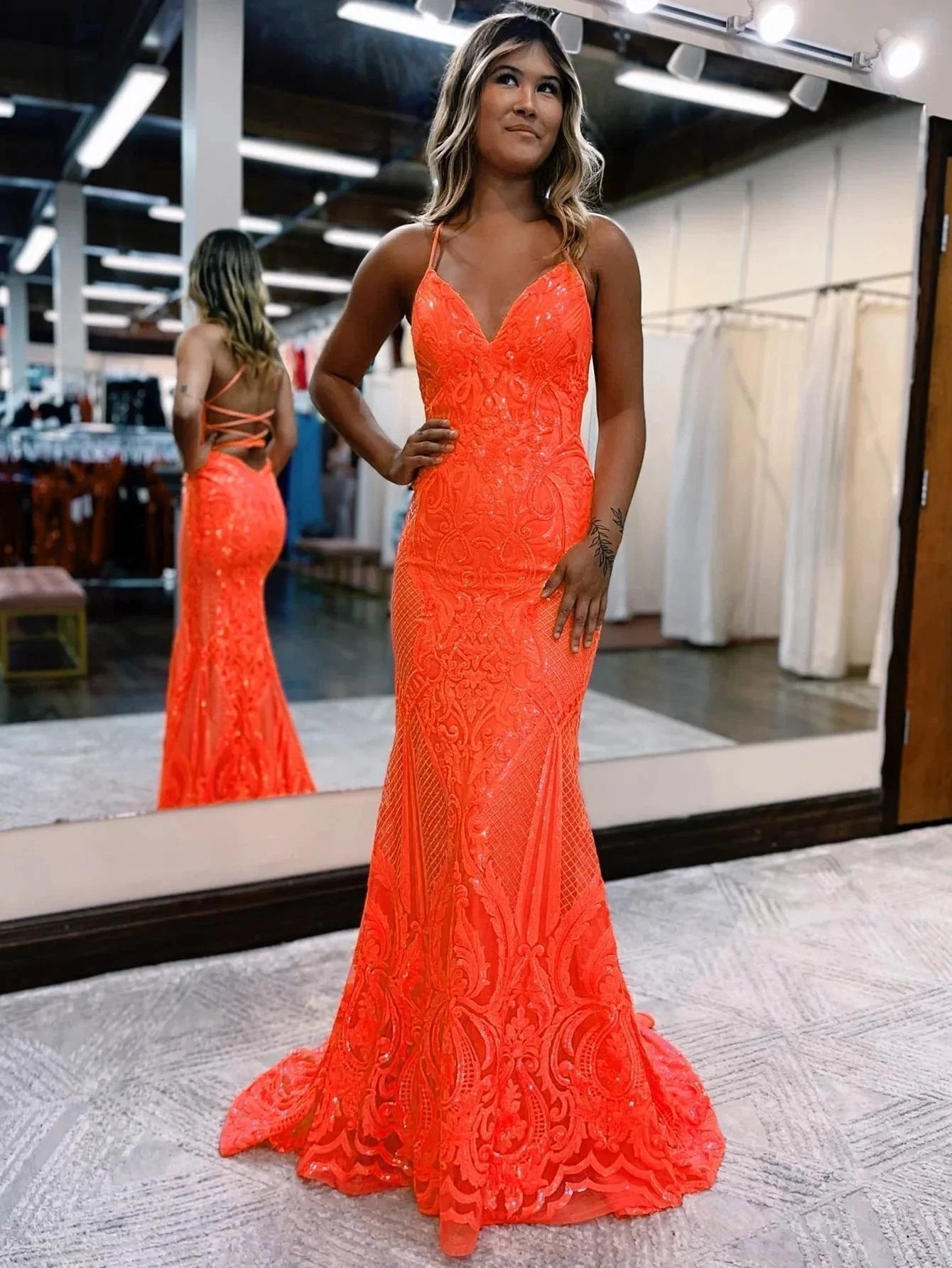 V Neck Pink Glitter Backless Mermaid Bodycon Long Prom Dress by KissProm
