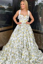 A-Line Sweetheart Floral Printed Satin Long Prom Dresses by Kissprom
