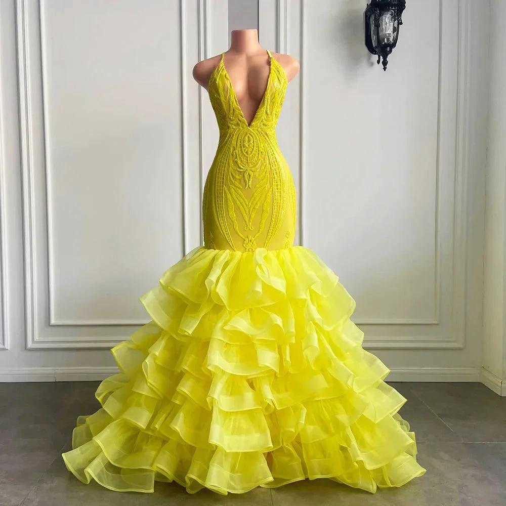 Yellow Long V Neck Halter Mermaid Tulle Lace Prom Dress with Ruffle by BIZTUNNEL