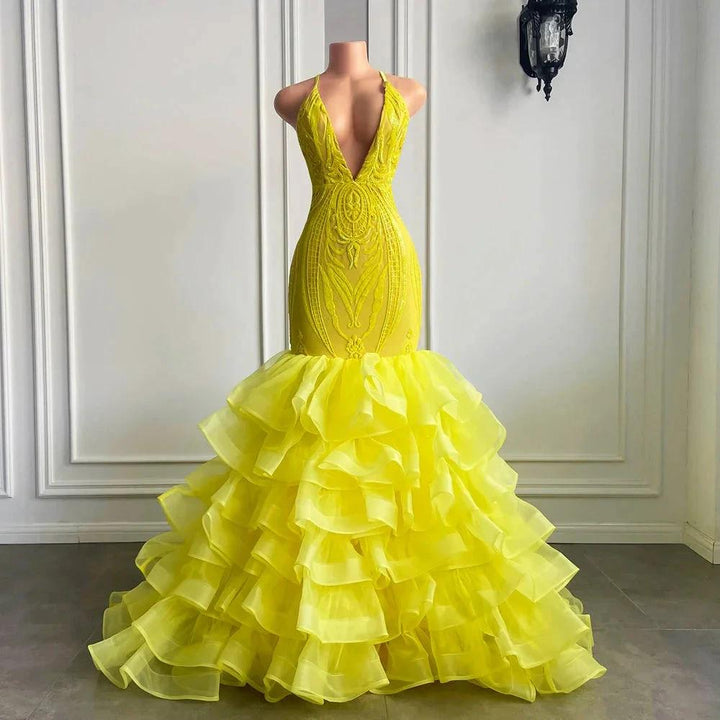 Yellow Long V Neck Halter Mermaid Tulle Lace Prom Dress with Ruffle by BIZTUNNEL