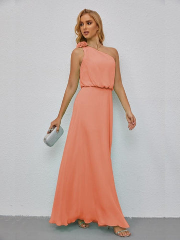 Ruffled One Shoulder Sleeveless Long Bridesmaid Dresses A-line Formal Evening Gown Side Split 28080