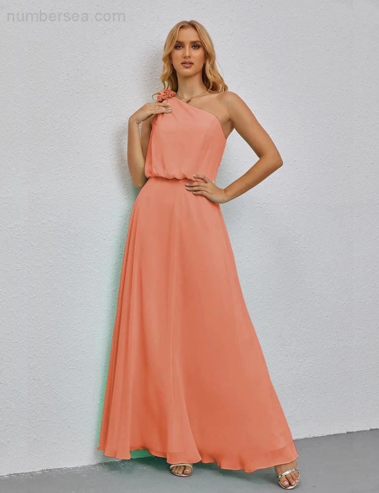 Ruffled One Shoulder Sleeveless Long Bridesmaid Dresses A-line Formal Evening Gown Side Split 28080 by numbersea