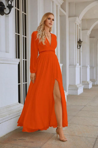 Ladies V Neck Chiffon Long Sleeve Front Slit Bridesmaid Evening Dress Wedding Party Shopping Evening Dress 28109