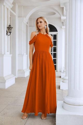 Ladies Chiffon Off Shoulder Swing Sleeve Front Slit Bridesmaid Evening Dress Wedding Party Evening Dress 28117