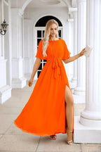 Ladies Chiffon Sleeve Crew Neck Front Slit Floor Length Bridesmaid Evening Dress Wedding Party Evening Dress 28124 by numbersea
