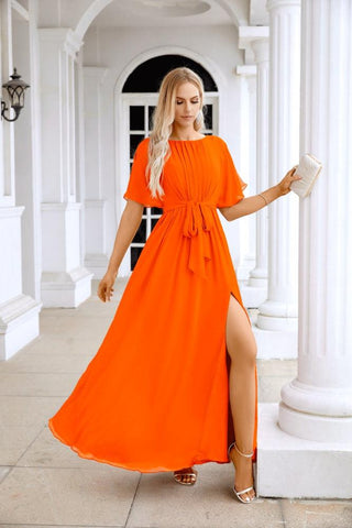 Ladies Chiffon Sleeve Crew Neck Front Slit Floor Length Bridesmaid Evening Dress Wedding Party Evening Dress 28124
