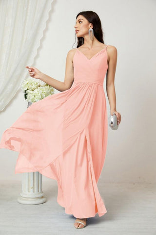 Numbersea Chiffon V-Neck Bridesmaid Dress Spaghetti Strap Long Formal Party Prom Gowns with Slit 28010