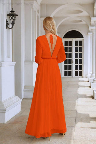 Ladies V Neck Chiffon Long Sleeve Front Slit Bridesmaid Evening Dress Wedding Party Shopping Evening Dress 28109
