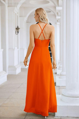 Ladies Chiffon Spaghetti Strap V Neck Front Slit Floor Length Bridesmaid Evening Dress Prom Party Wedding Evening Dress 28116