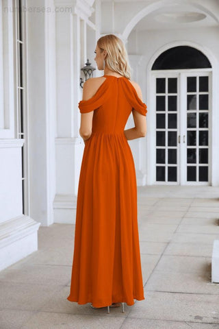 Ladies Chiffon Off Shoulder Swing Sleeve Front Slit Bridesmaid Evening Dress Wedding Party Evening Dress 28117