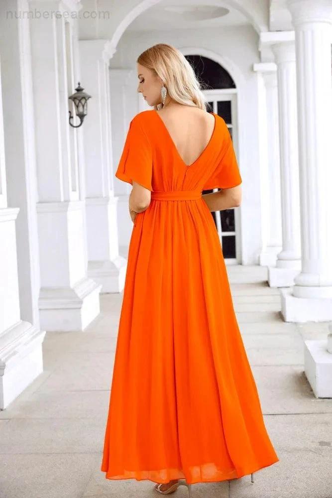 Ladies Chiffon Sleeve Crew Neck Front Slit Floor Length Bridesmaid Evening Dress Wedding Party Evening Dress 28124 by numbersea