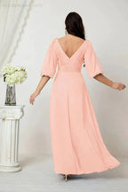 Numbersea Formal Prom Gown Women V-Neck Chiffon Bridesmaid Dresses Long Bishop Sleeve Party Dress 2807 by numbersea