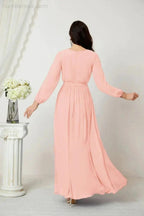 Sunnderly Evening Dresses Deep V-Neck Chiffon Bridesmaid Dresses Long Bishop Sleeve Side Split Formal Dress SY2806 by numbersea