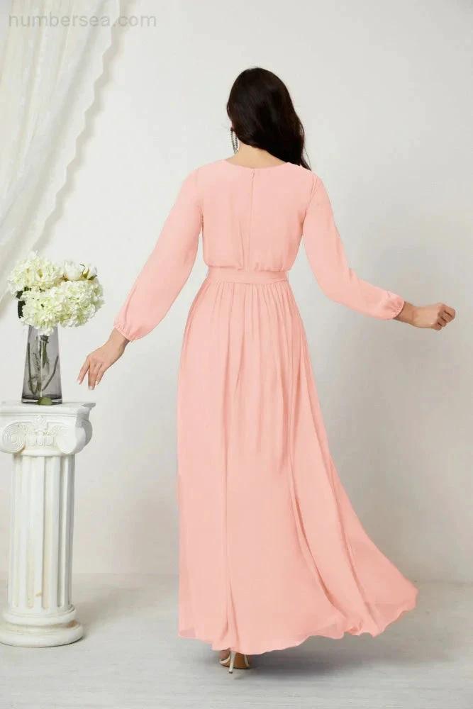 Sunnderly Evening Dresses Deep V-Neck Chiffon Bridesmaid Dresses Long Bishop Sleeve Side Split Formal Dress SY2806 by numbersea
