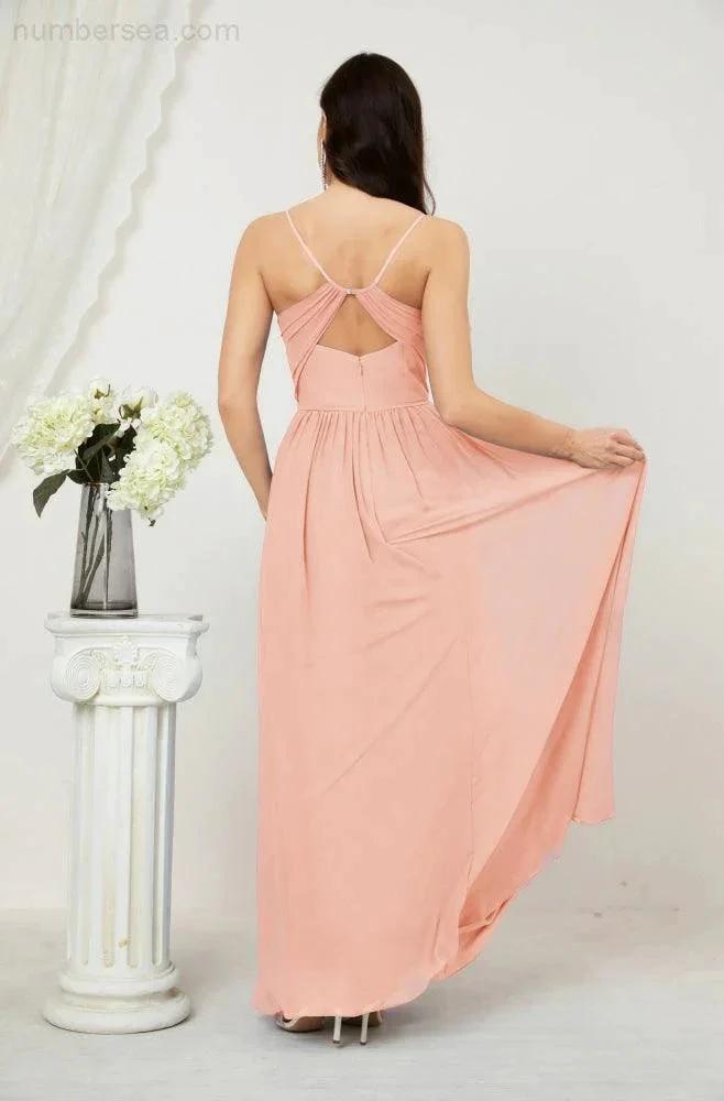 Numbersea Neck Bridesmaid Dresses Chiffon Long Spaghetti A-line Formal Prom Gown for Wedding Party Evening 2801 by numbersea