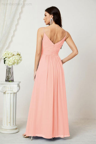 Numbersea Chiffon V-Neck Bridesmaid Dress Spaghetti Strap Long Formal Party Prom Gowns with Slit 28010