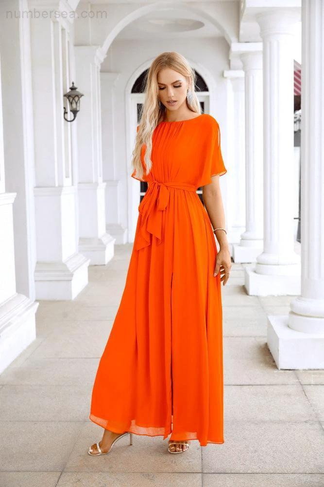 Ladies Chiffon Sleeve Crew Neck Front Slit Floor Length Bridesmaid Evening Dress Wedding Party Evening Dress 28124 by numbersea