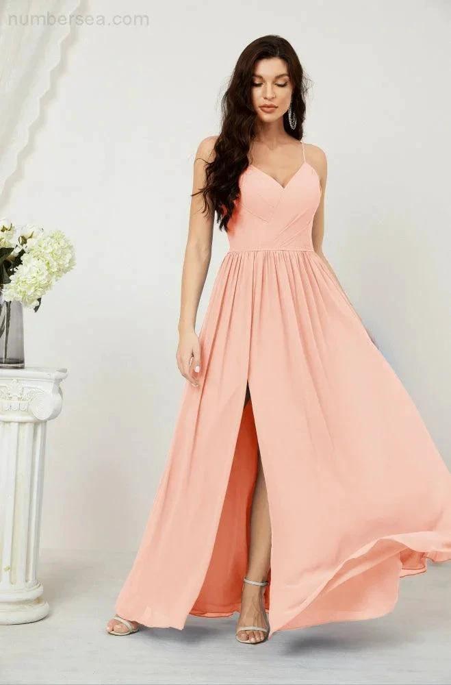 Numbersea Neck Bridesmaid Dresses Chiffon Long Spaghetti A-line Formal Prom Gown for Wedding Party Evening 2801 by numbersea