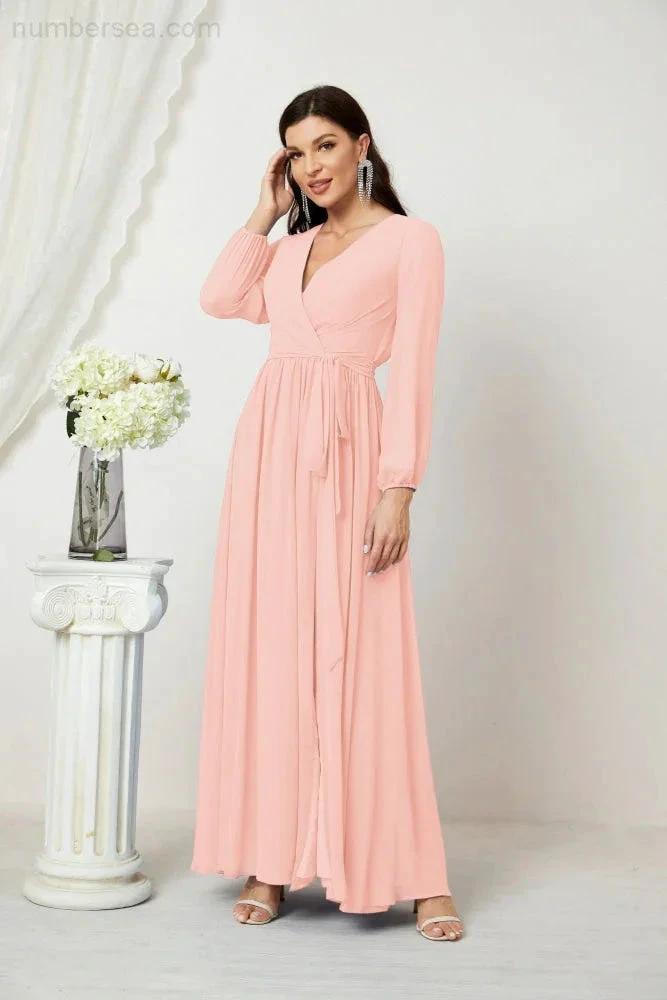 Sunnderly Evening Dresses Deep V-Neck Chiffon Bridesmaid Dresses Long Bishop Sleeve Side Split Formal Dress SY2806 by numbersea