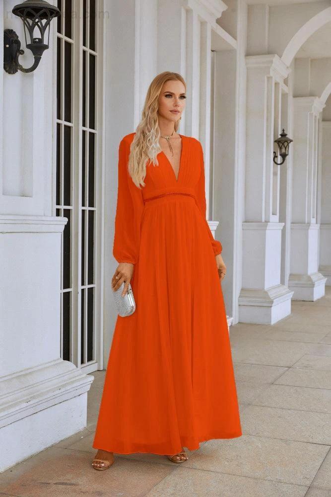 Ladies V Neck Chiffon Long Sleeve Front Slit Bridesmaid Evening Dress Wedding Party Shopping Evening Dress 28109 by numbersea