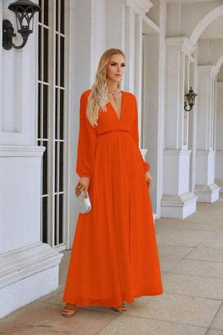 Ladies V Neck Chiffon Long Sleeve Front Slit Bridesmaid Evening Dress Wedding Party Shopping Evening Dress 28109