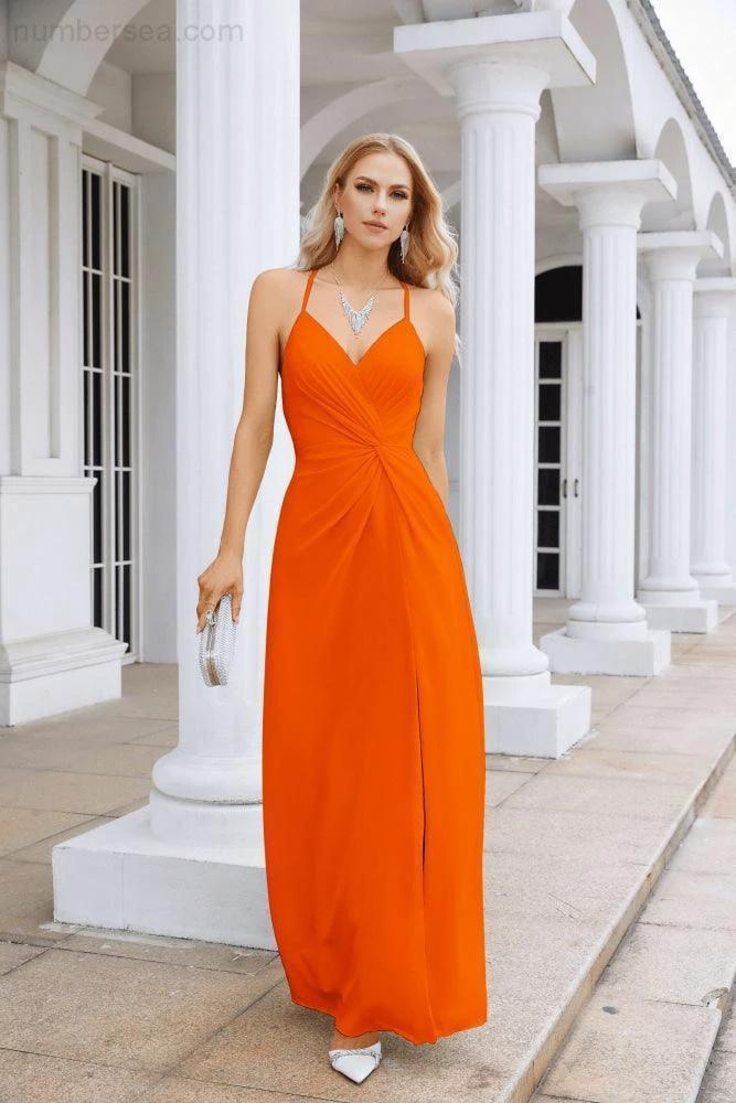 Ladies Chiffon Spaghetti Strap V Neck Front Slit Floor Length Bridesmaid Evening Dress Prom Party Wedding Evening Dress 28116 by numbersea