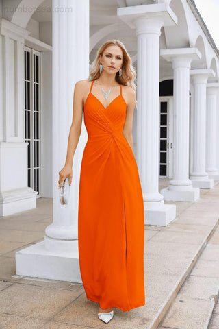 Ladies Chiffon Spaghetti Strap V Neck Front Slit Floor Length Bridesmaid Evening Dress Prom Party Wedding Evening Dress 28116